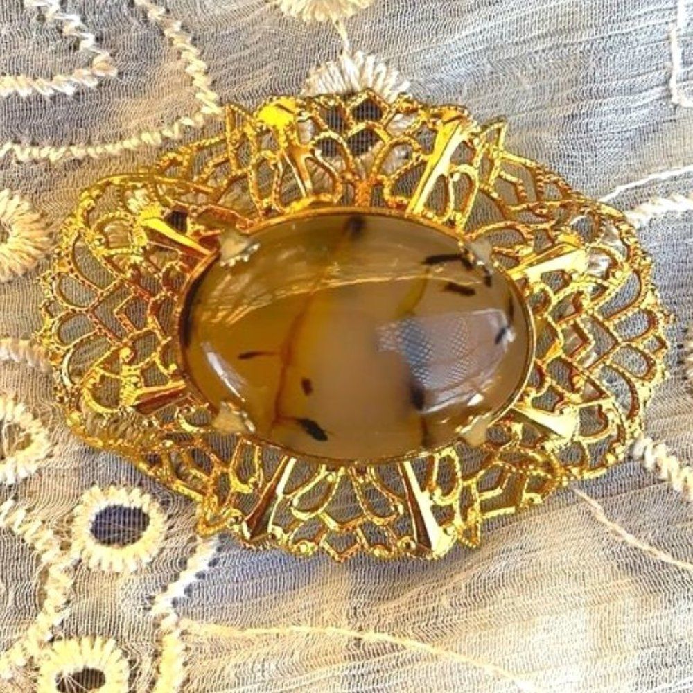 Vintage Dendritic Agate Brooch - Gold Tone
